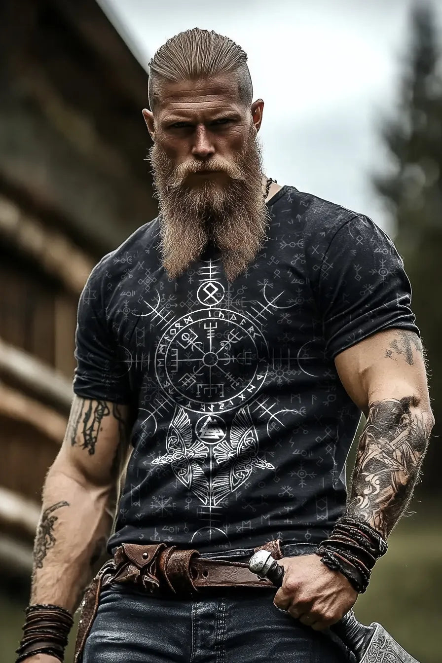 Viking Valdara Tattoo Rune Totem Design Crew Neck Print Short Sleeve
