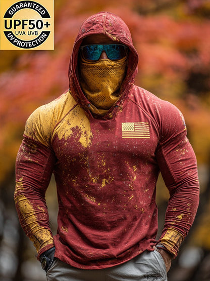 Men's Retro Outdoor Sun Protection Breathable Cooling Mask Hooded Sun Protection Long Sleeve Top