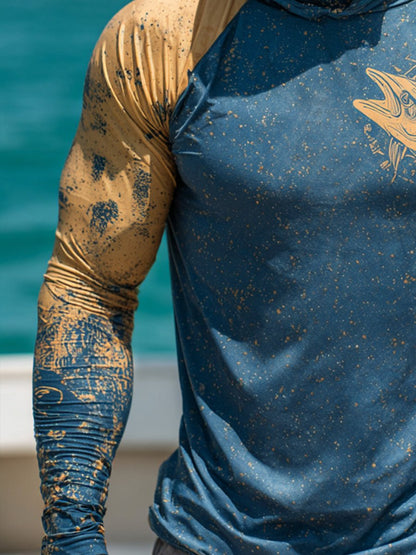 Men's Outdoor Sun Protection Breathable Cool Face Mask Hooded Printed Long-Sleeved Top