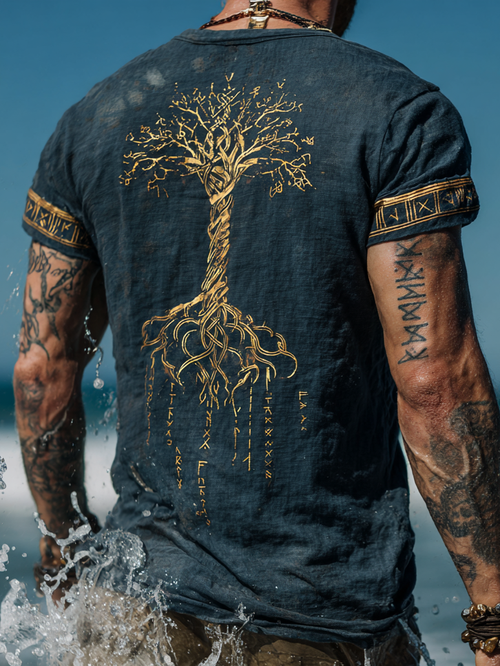 Men's Vintage Coastal Linen T-Shirt – Yggdrasil Pattern