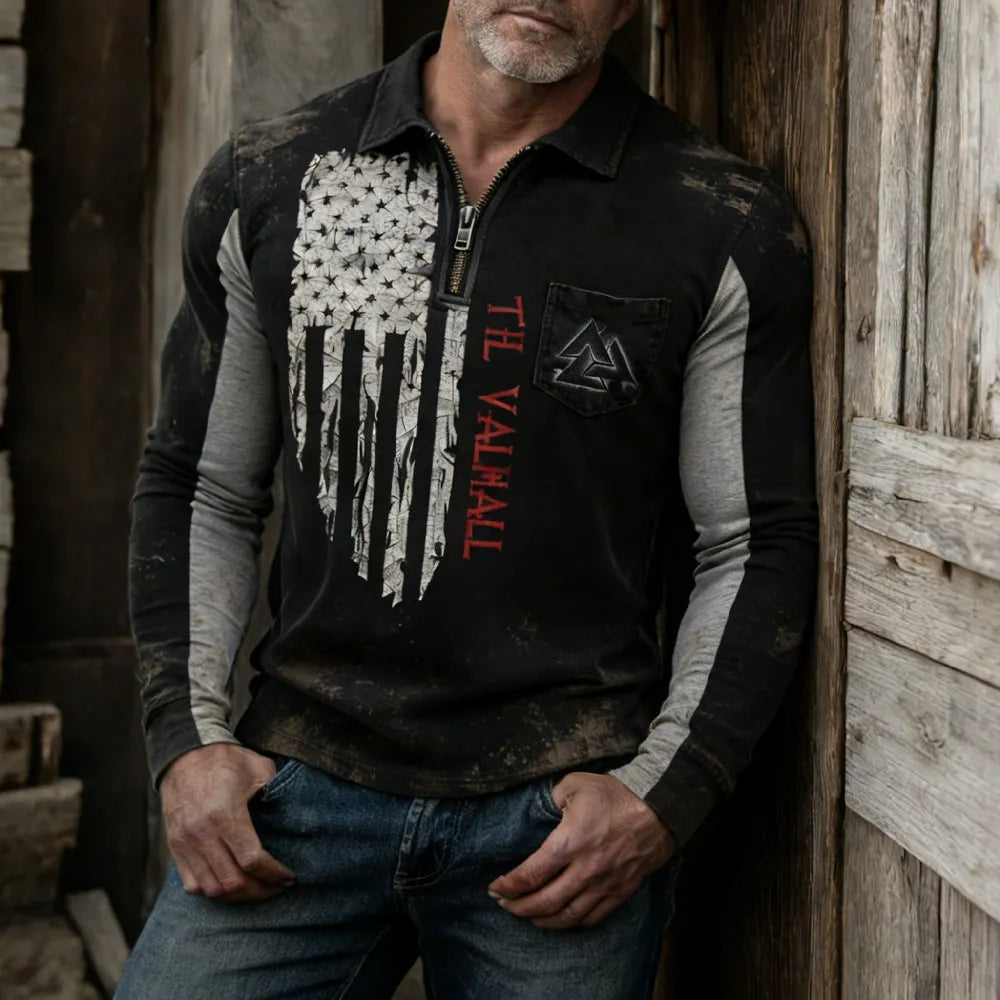 Vintage-washed printed Viking battle axe with American spirit half-zip pocket sweatshirt