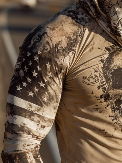 Men's Retro Skull Flag Outdoor Sun Protection Breathable Cooling Mask Hooded Sun Protection Long Sleeve Top