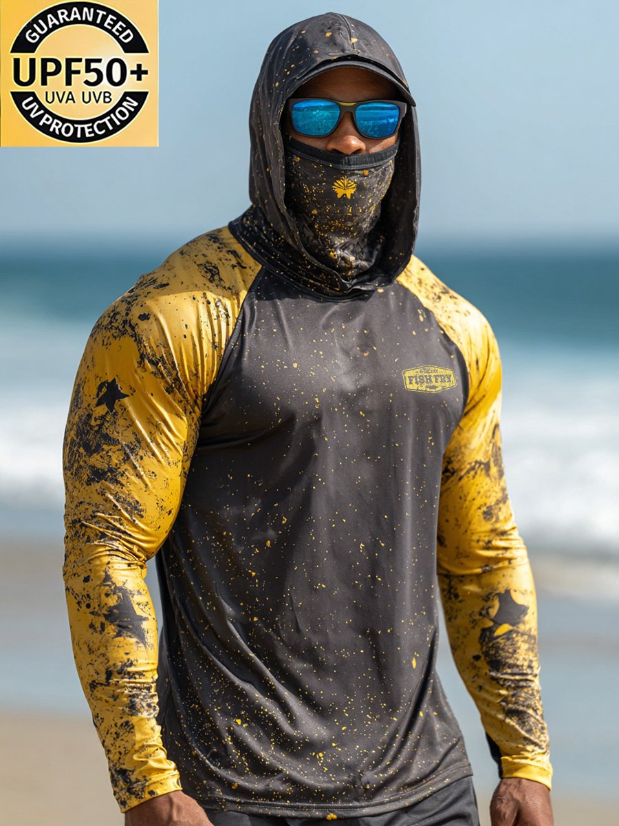Men's Outdoor Sun Protection Breathable Cool Face Mask Hooded Printed Long-Sleeved Top