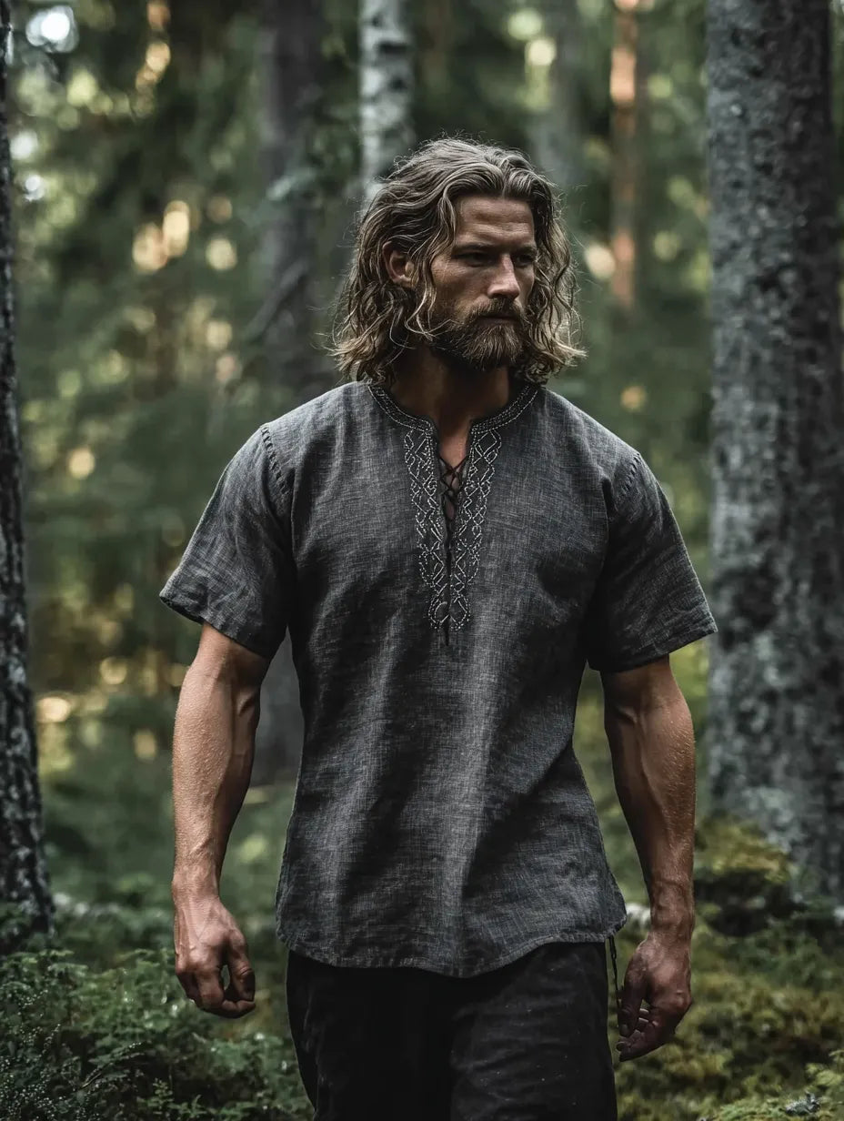 Men's Viking-Inspired Celtic Knot Short Sleeve Linen Henley Shirt
