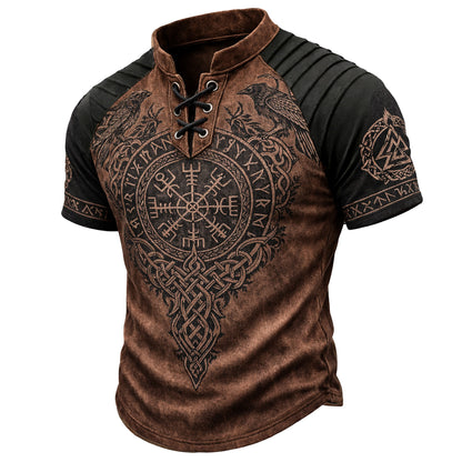 Men's Viking Graphic Lace-Up Henley Short Sleeve Shirt