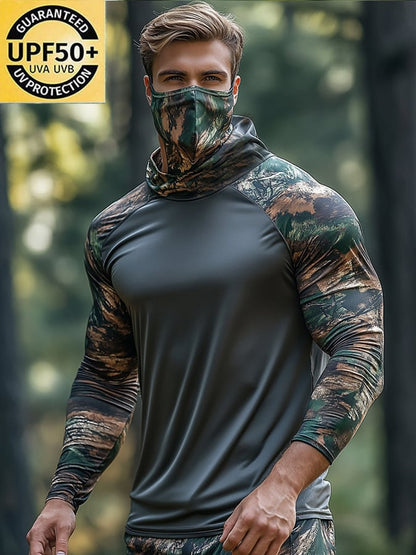 Men's Outdoor Sun Protection Breathable Cool Hunting Camouflage Mask Hooded Sun Protection Long-Sleeved Top