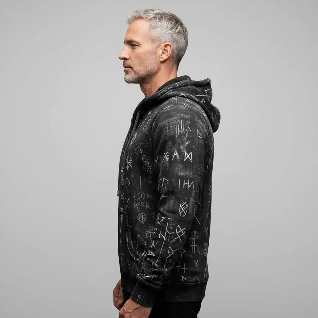 Unisex Full-Zip Hoodie - Distressed Black & White Symbolic Rune Graphic Print Edgy Streetwear