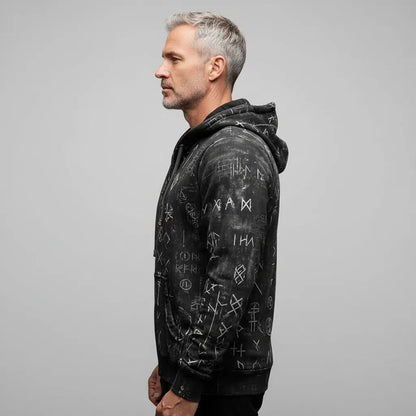 Unisex Full-Zip Hoodie - Distressed Black & White Symbolic Rune Graphic Print Edgy Streetwear