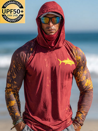 Men's Outdoor Sun Protection Breathable Cool Face Mask Hooded Printed Long-Sleeved Top