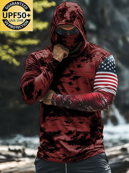 Men's Outdoor Sun Protection Breathable Cool Mask American Flag Print Hooded Sun Protection Long Sleeve Top