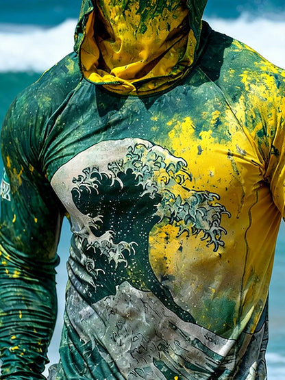 Men's Outdoor Sunscreen Breathable Cool Hooded Printed Surf Long-Sleeve Top