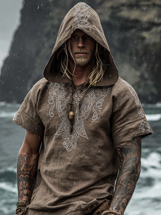Men's Viking Inspired Yggdrasil Totem Rune Short Sleeve Hoodie