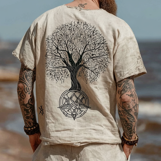 Men's Vintage Viking Distressed Linen Set – Yggdrasil & Rune Design