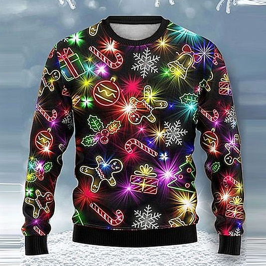 Snowflake Gingerbread Lights Rock Men's Knitting Print Ugly Christmas Pullover Sweatshirt