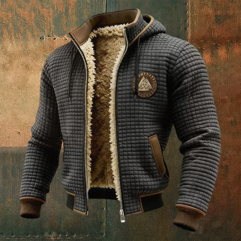 Men's Thermal Grid Jacket Viking Totem Fleece Shearling & Structured Waffle Zip-Up Hoodie