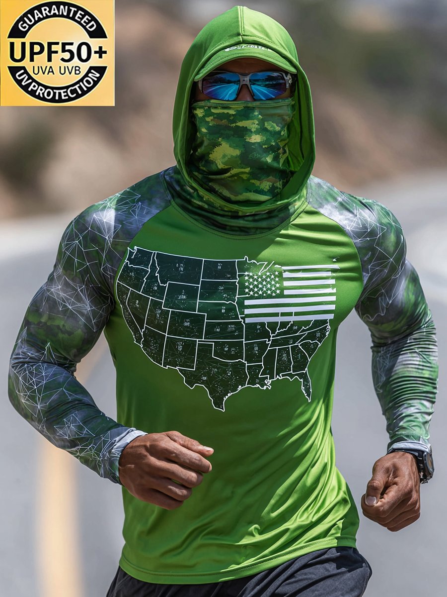 Men's Outdoor Sun Protection Breathable Cool Face Mask Hooded Printed Long-Sleeved Top