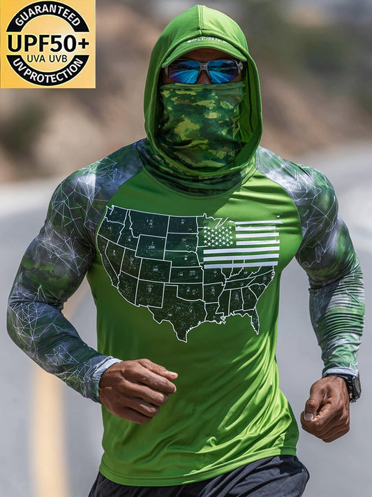 Men's Outdoor Sun Protection Breathable Cool Face Mask Hooded Printed Long-Sleeved Top