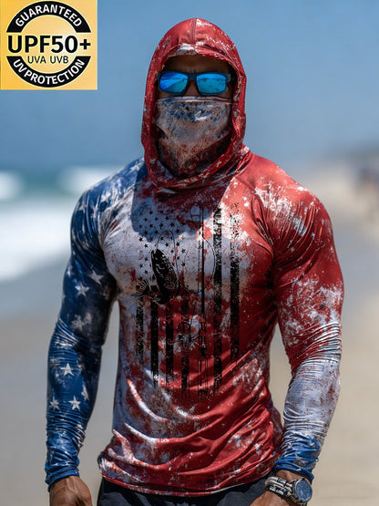 Men's Outdoor Sun Protection Breathable Cool Face Mask Hooded Printed Long-Sleeved Top