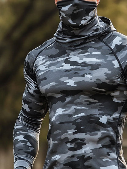 Men's Outdoor Sun Protection Breathable Cool Hunting Camouflage Mask Hooded Sun Protection Long-Sleeved Top