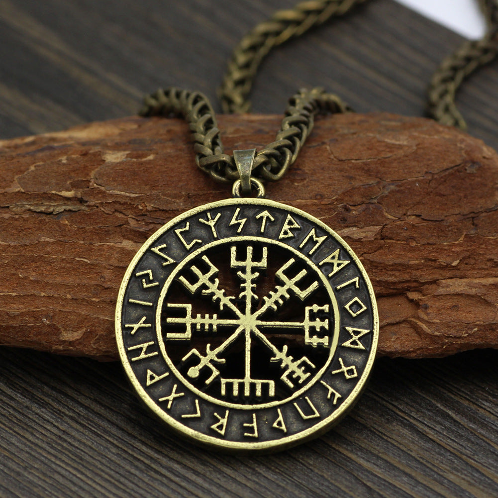 Nordic Viking Runavin Odin Logo Compass Pendant Necklace Men's Trendy Jewelry Long Style