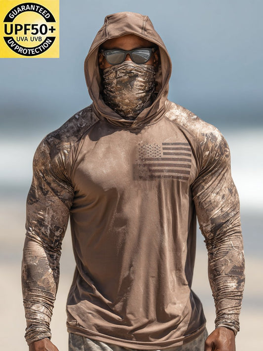 Men's Outdoor Sun Protection Breathable Cool Face Mask Hooded Printed Long-Sleeved Top