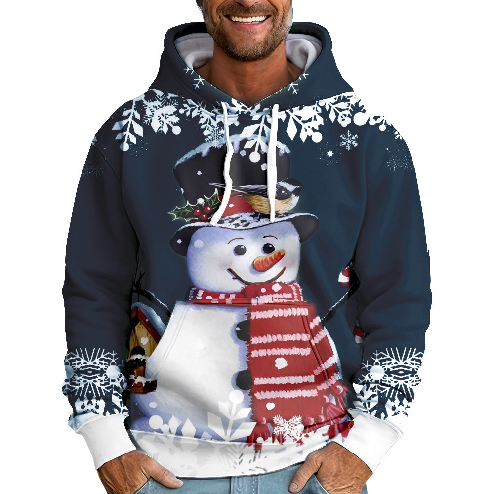 Men's Christmas Snowman Print Casual Pocket Hooded Sweatshirt