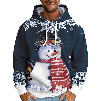 Men's Christmas Snowman Print Casual Pocket Hooded Sweatshirt