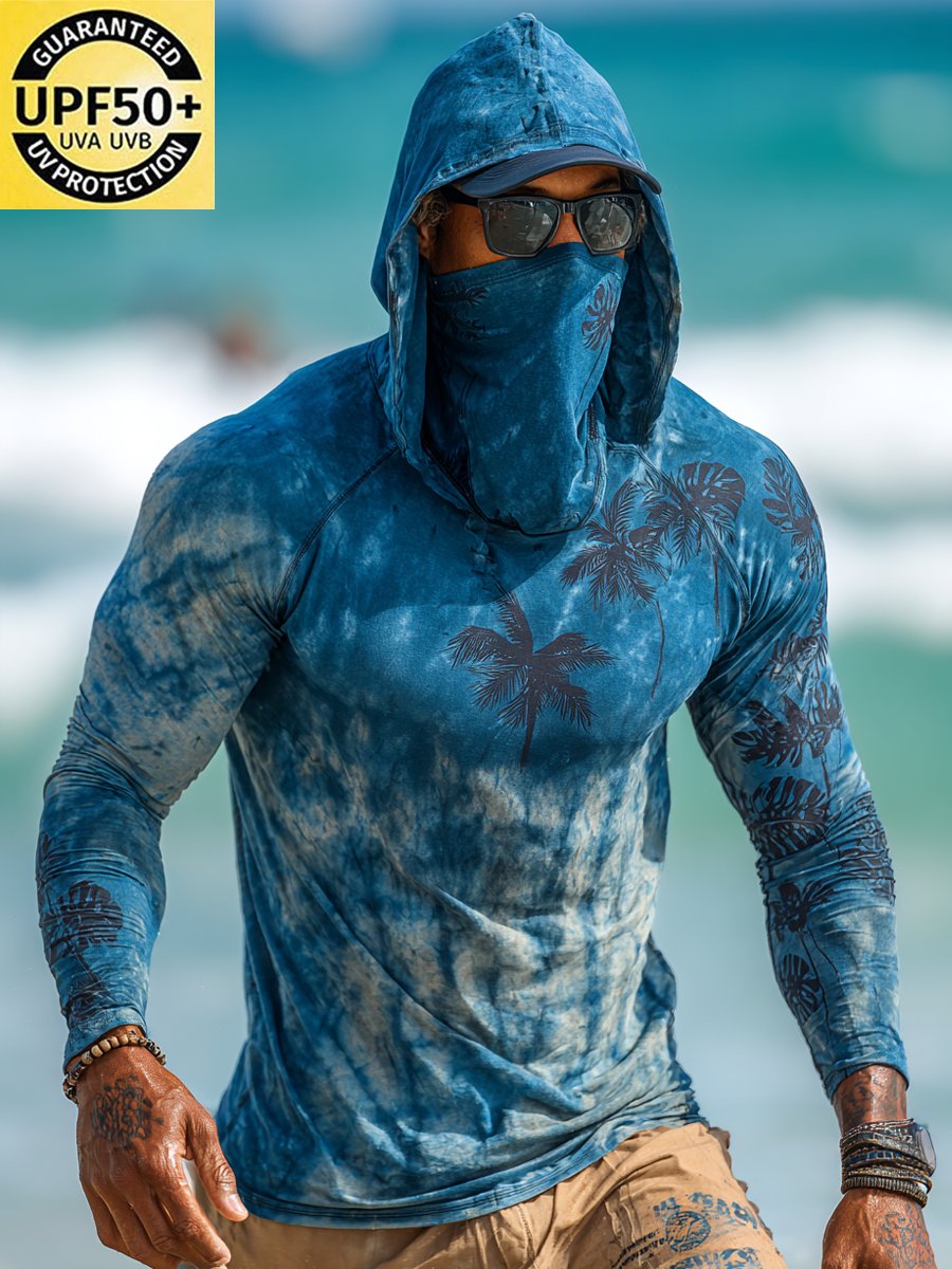 Men's Outdoor Sun Protection Breathable Cool Face Mask Hooded Printed Long-Sleeved Top