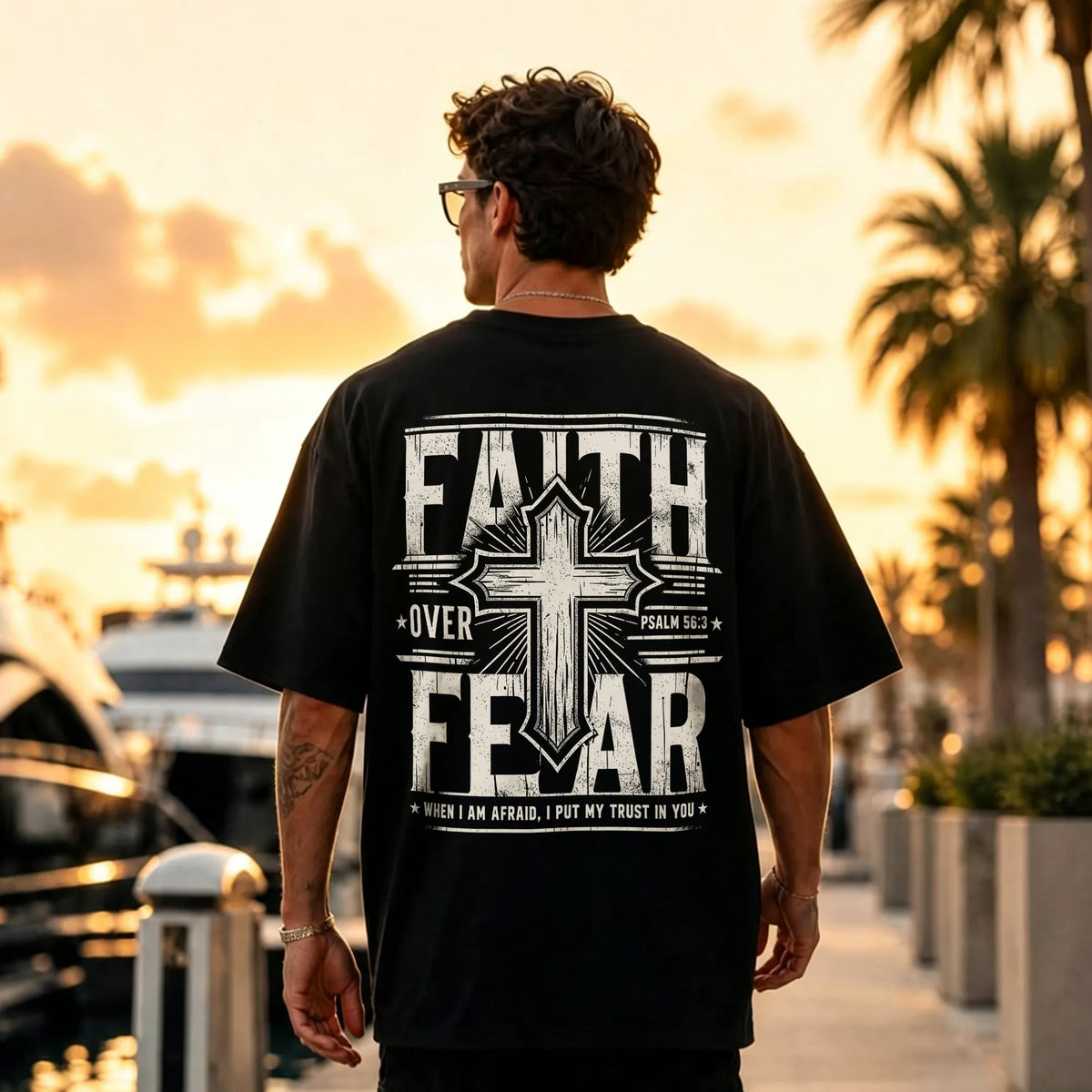 Faith Over Fear Vintage Cross Bible Psalm Quote Printed Men's T-shirt
