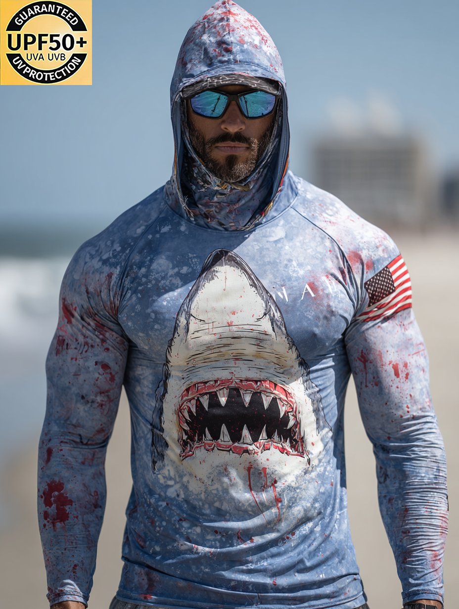 Blood Shark Attack Patriotic Hooded Sun Protection Top