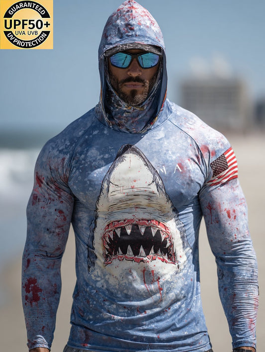 Blood Shark Attack Patriotic Hooded Sun Protection Top