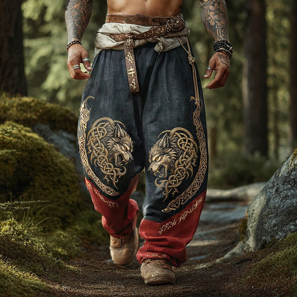 Men's Viking Wolf Graphic Harem Pants - Two-Tone Drop Crotch Loose Fit Trousers