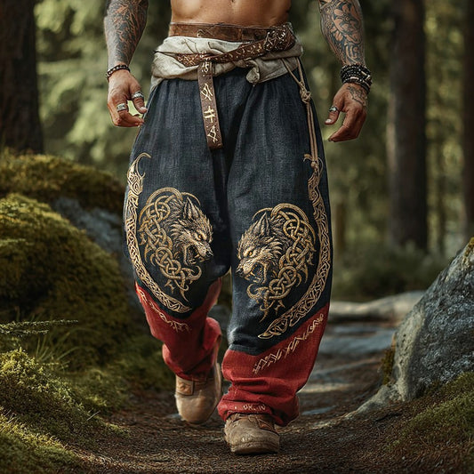Men's Viking Wolf Graphic Harem Pants - Two-Tone Drop Crotch Loose Fit Trousers