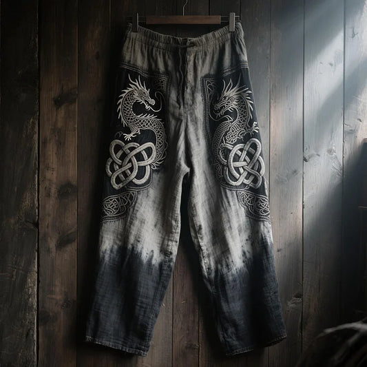 Men's Dragon & Celtic Knot Design Pants - Vintage Tie-Dye Wash Loose Fit Casual Trousers