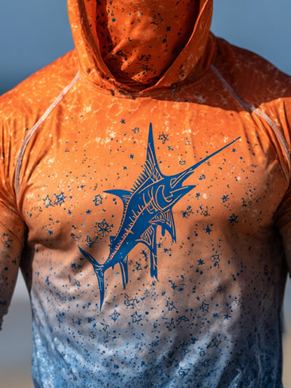 Men's Outdoor Sun Protection Breathable Cool Face Mask Hooded Printed Long-Sleeved Top