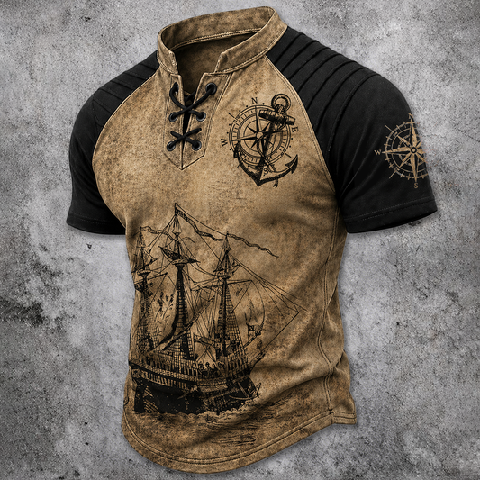 Men's Lace-Up Henley T-Shirt - Nautical Pirate Print Vintage Distressed Short Sleeve