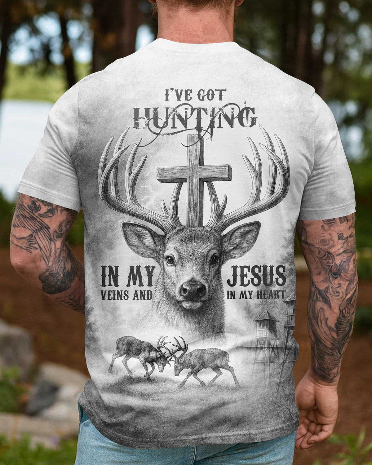 I've Got Hunting In My Veins And Jesus In My Heart All Over Print Grey T-Shirt