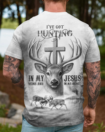 I've Got Hunting In My Veins And Jesus In My Heart All Over Print Grey T-Shirt
