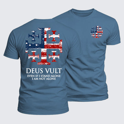 Luxe Mercerized Cotton Tee - Deus Vult Jerusalem Cross Usa Flag Even If I Stand Alone, I Am Not Alone