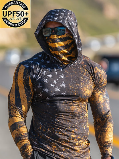 Men's Outdoor Sun-Protective Breathable and Cooling Long Sleeve Hoodie with Flag Print
