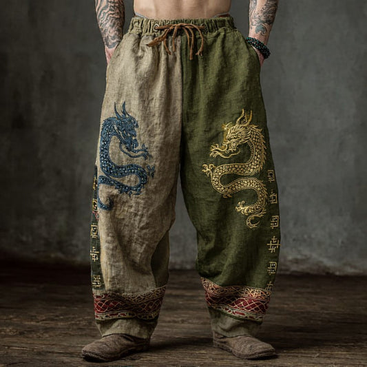 Two-Tone Viking Dragon Print Patchwork Linen-Cotton Pants