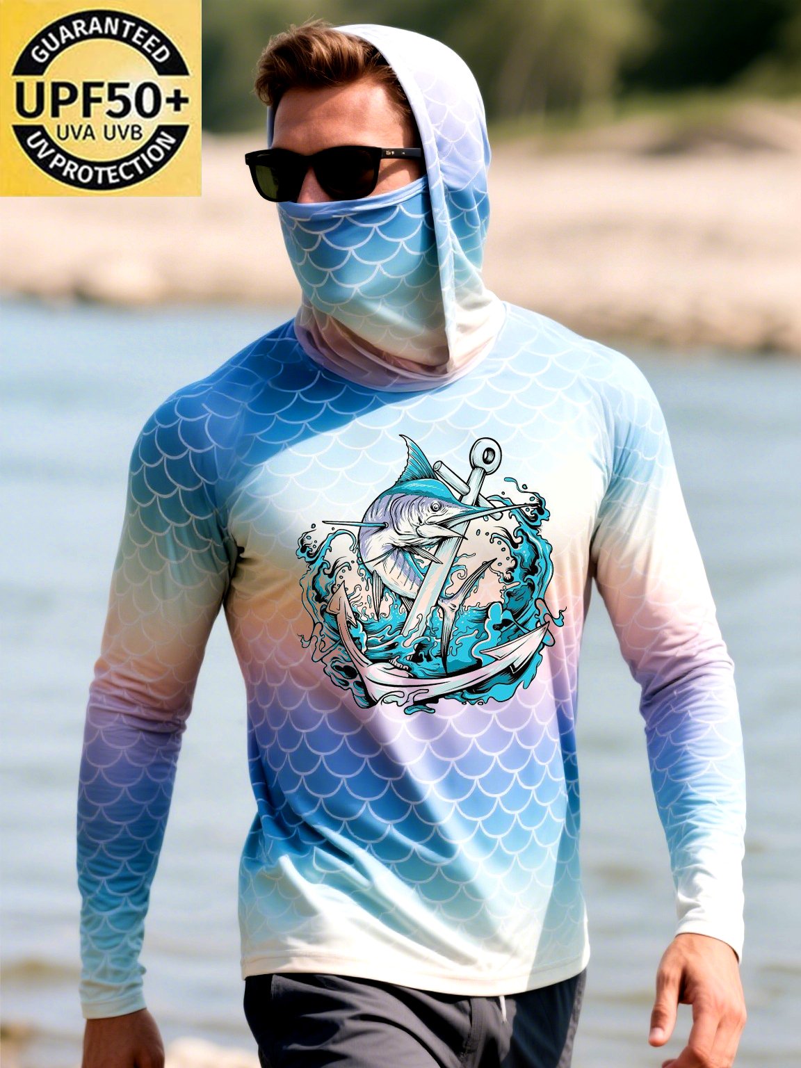 Men's Outdoor Sun Protection Breathable Cool Mask Hooded Sun Protection Long-Sleeved Top