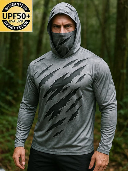 Men's Outdoor Sun Protection Breathable Cool Real 3D Printed Mask Hooded Sun Protection Long-Sleeved Top