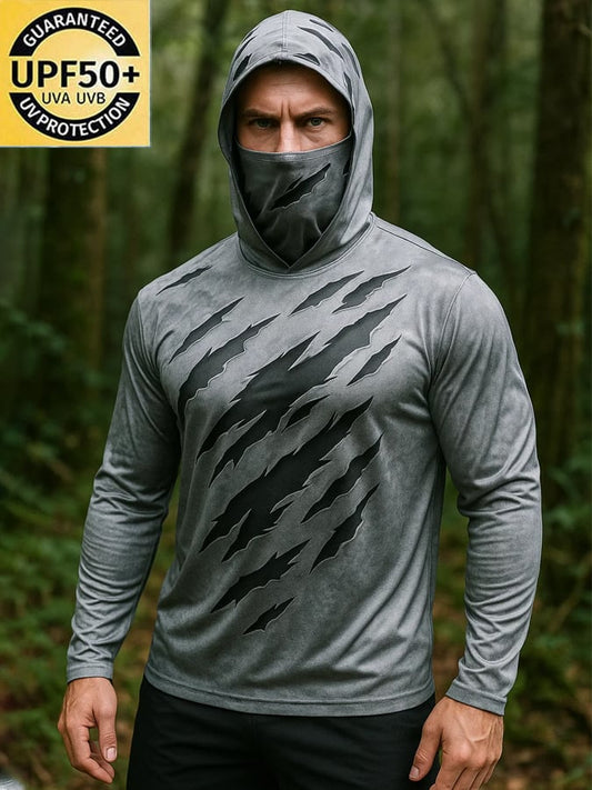 Men's Outdoor Sun Protection Breathable Cool Real 3D Printed Mask Hooded Sun Protection Long-Sleeved Top
