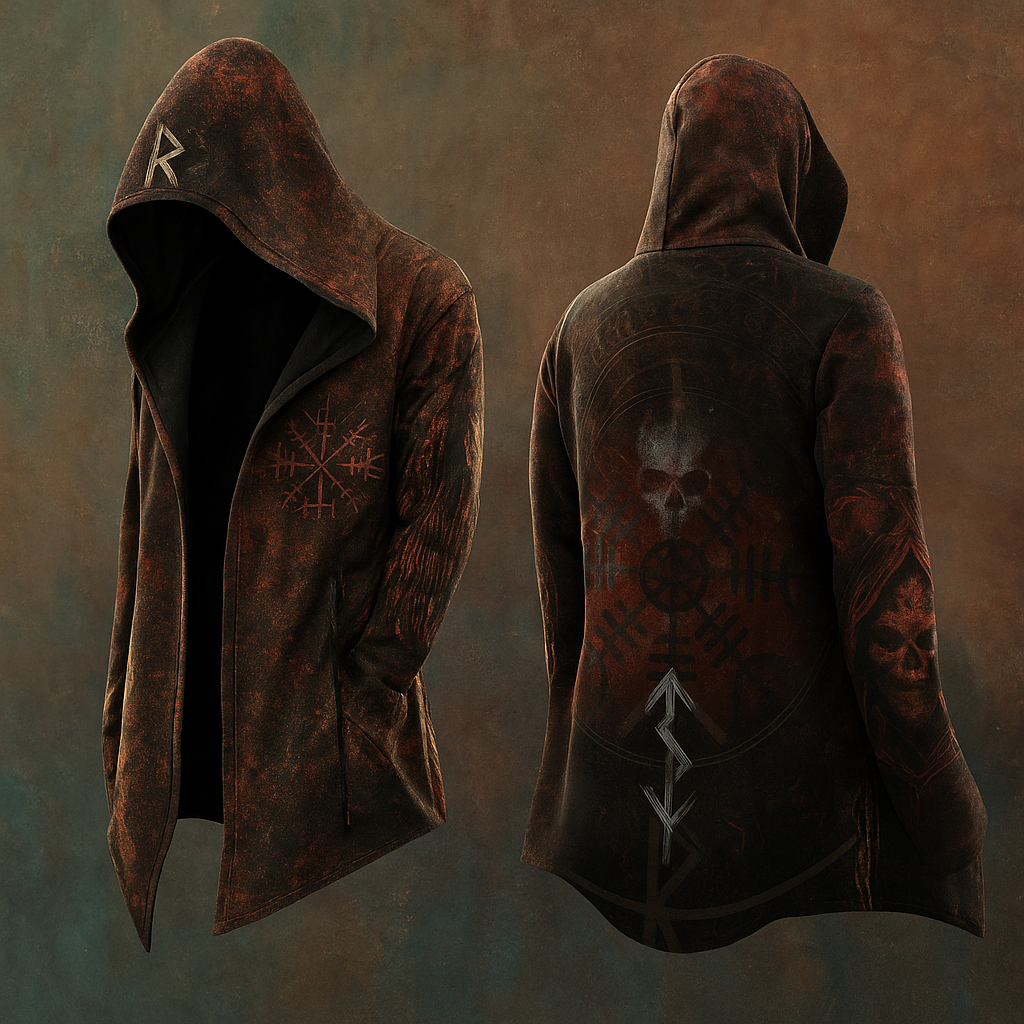 Men's Viking Mythology Skull Runes Odin Totem Hooded Jacket