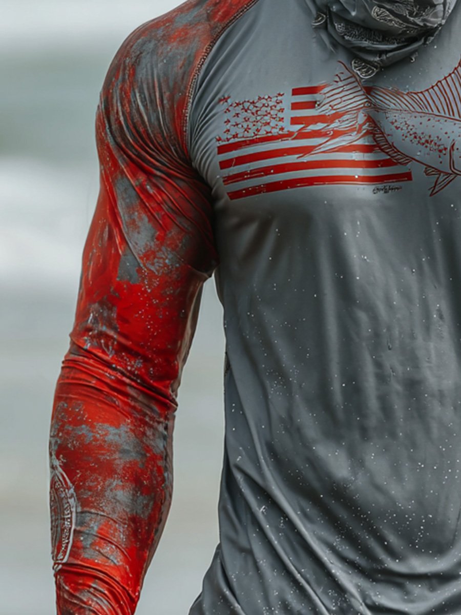 Men's Outdoor Sun Protection Breathable Cool Face Mask Hooded Printed Long-Sleeved Top