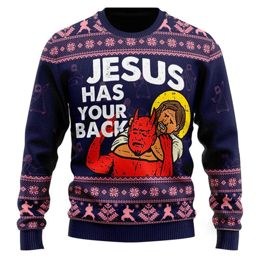 Funny Jesus Has Your Back Ugly Christmas Sweatshirt