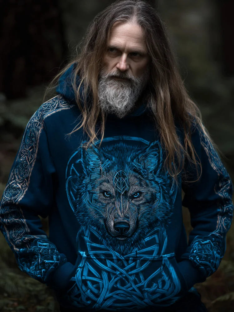 Men's Vintage Viking Wolf Print Art Hoodie