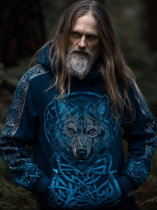 Men's Vintage Viking Wolf Print Art Hoodie