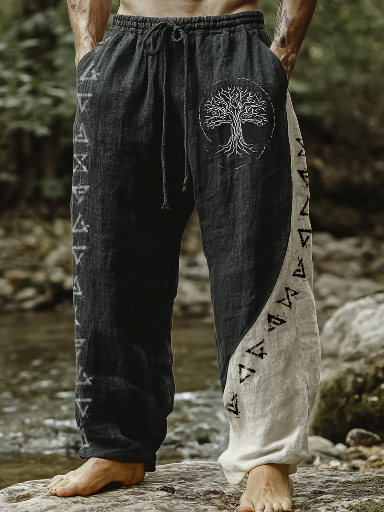 Men's Viking Raven Tribal Totem Two-Tone Vintage Nordic Casual Linen Pants